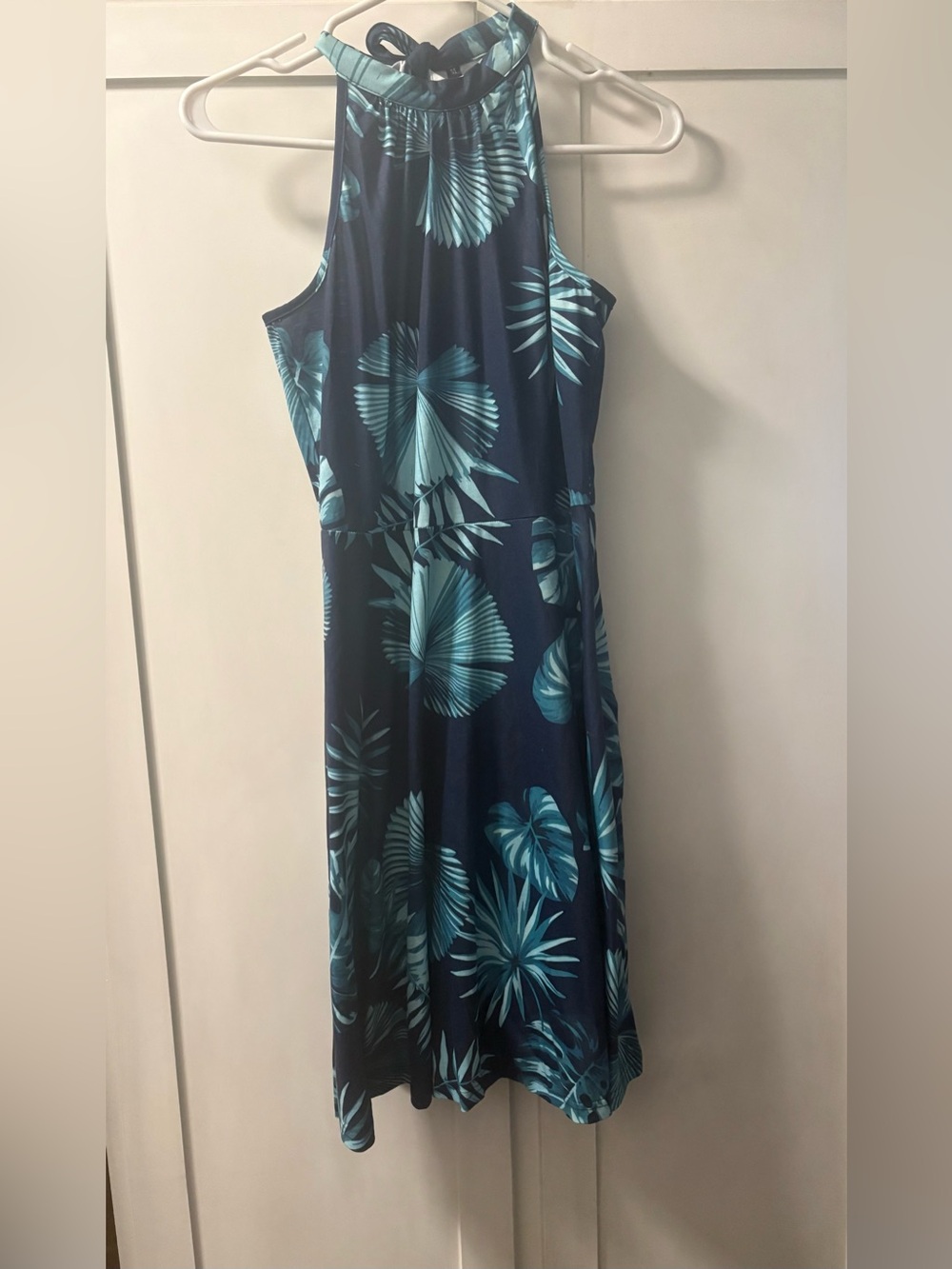 Navy Blue Tropical Halter Dress
